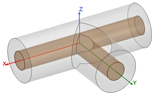 The Coax Tee model as it appears in the Ansys Electronic Desktop's Modeler window