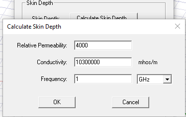 View of the Calculate Skin Depth dialog box