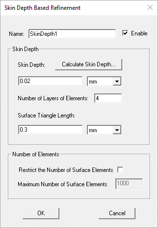 View of the Skin Depth Based Refinement dialog box