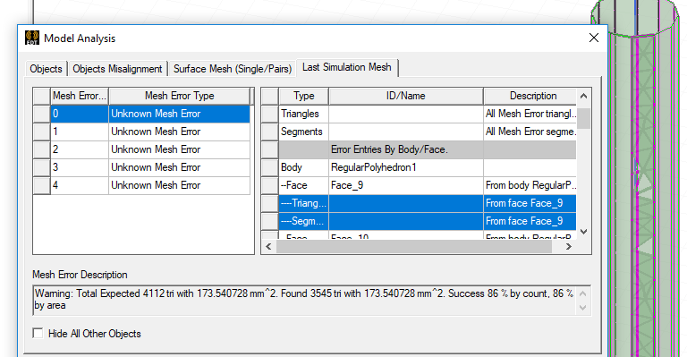 View of the Model Analysis window that shows mesh errors. The corresponding mesh is shown with the faces with the errors highlighted. It has a success rate of 86%.
