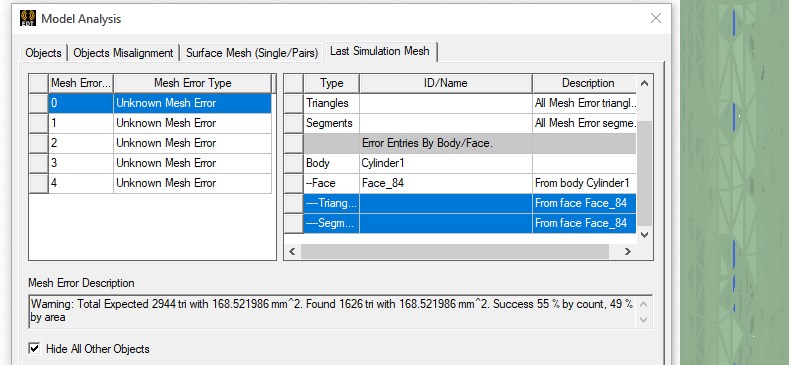 View of the Model Analysis window for a true cylinder that has a lower success rate than the faceted cylinder.It has a success rate of 55%