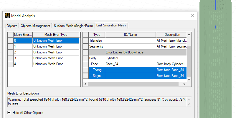 Model Analysis window that shows a higher success rate for the true cylinder
