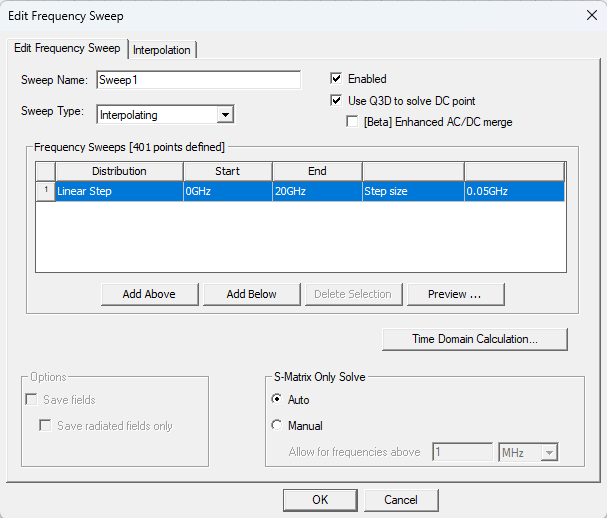 Edit Frequency Sweep Window