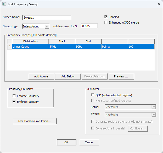 Edit Frequency Sweep Window