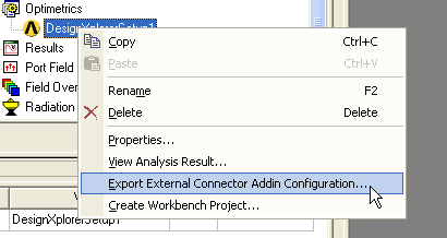 Setup right-click menu. Export External Connector Addin Configuration selected.