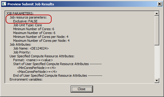 Preview Submit Job Results dialog. Job resource parameters circled.