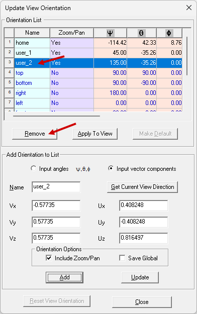 Update View Orientation. Orientation List item highlighted, Remove button highlighted.