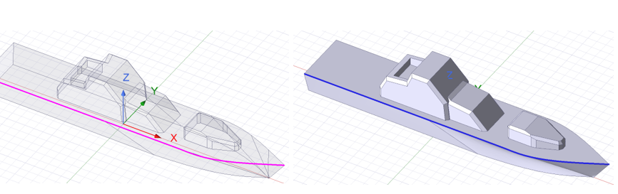3D model of a ship before and after interactively added wedges.