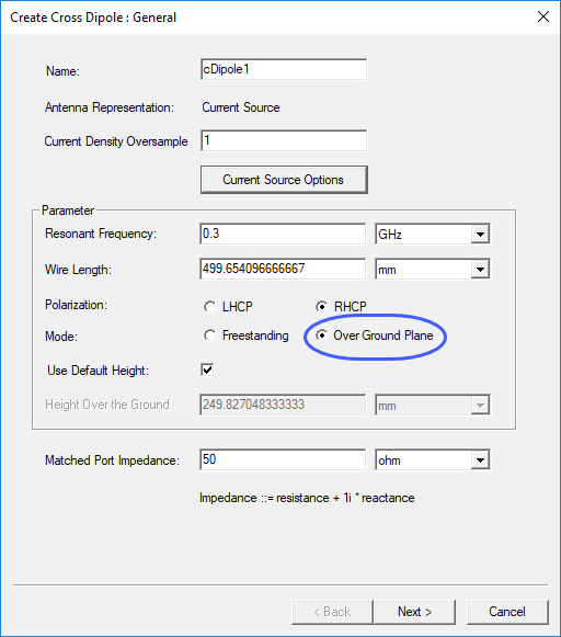 Create Cross Dipole dialog, Parameter groupbox, Mode set to Over Ground Placn.