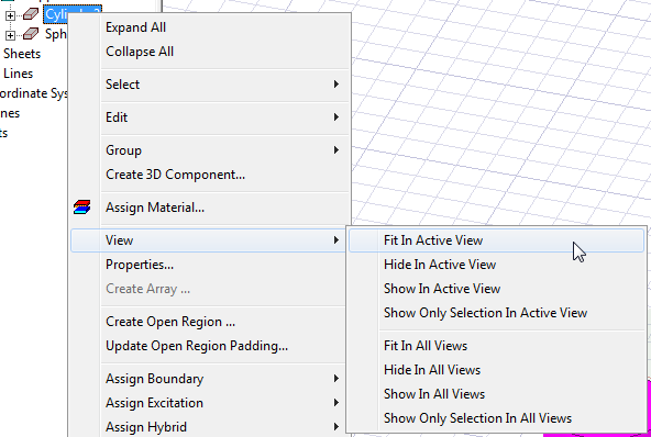 Shortcut menu expanded, View submenu expanded, Fit In Active View option highlighted.