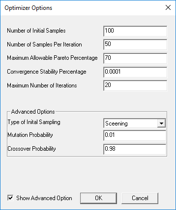 Optimizer Options Window.