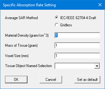 Specific Absorption Rate Setting dialog.
