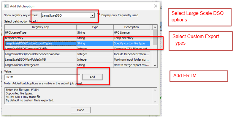Add Batchoption dialog. Show registry key entries set to Large Scale DSO 