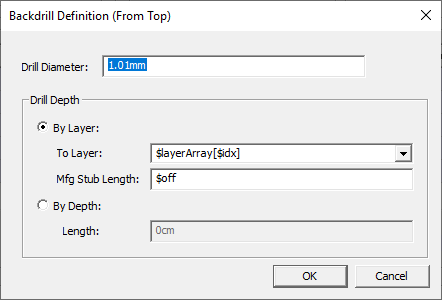 Backdrill Definition Window with Project Variables