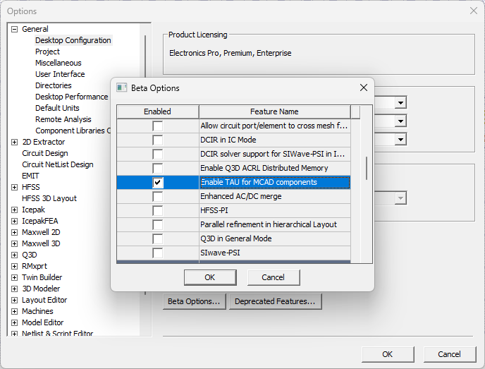 Enable Tau for MCAD Components Beta Options