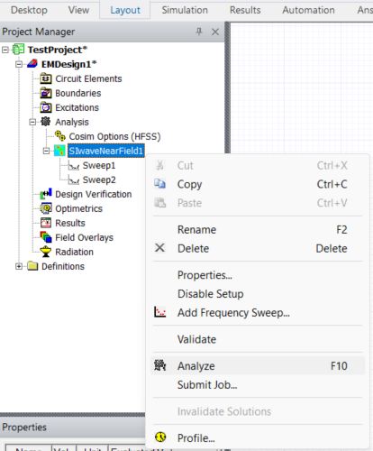Project Manager Window > Project Tree > Active Design Folder > Analysis > SIwaveNearField1 > Analyze