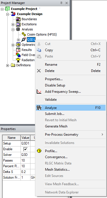 Project Manager Window > Project Tree > Active Design Folder > Analysis > Q3D1 > Analyze