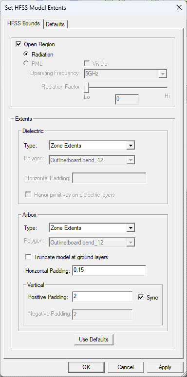 Set HFSS Model Extents Window