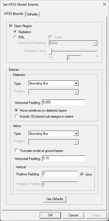 Set HFSS Model Extents Window Set HFSS Model Extents Window