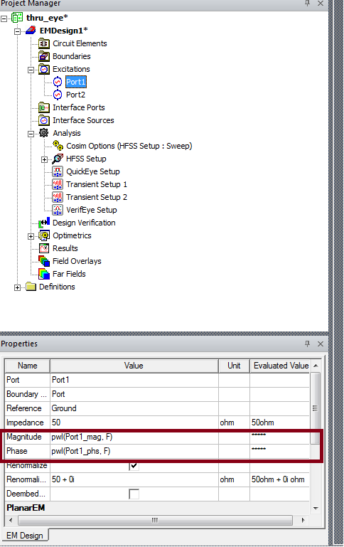 Properties panel, Magnitude and Phase properties highlighted.