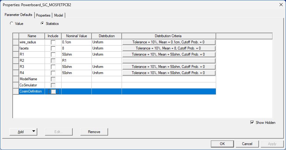 Properties window, Parameter Defaults tab.