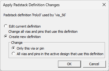 Padstack usage and definition window.