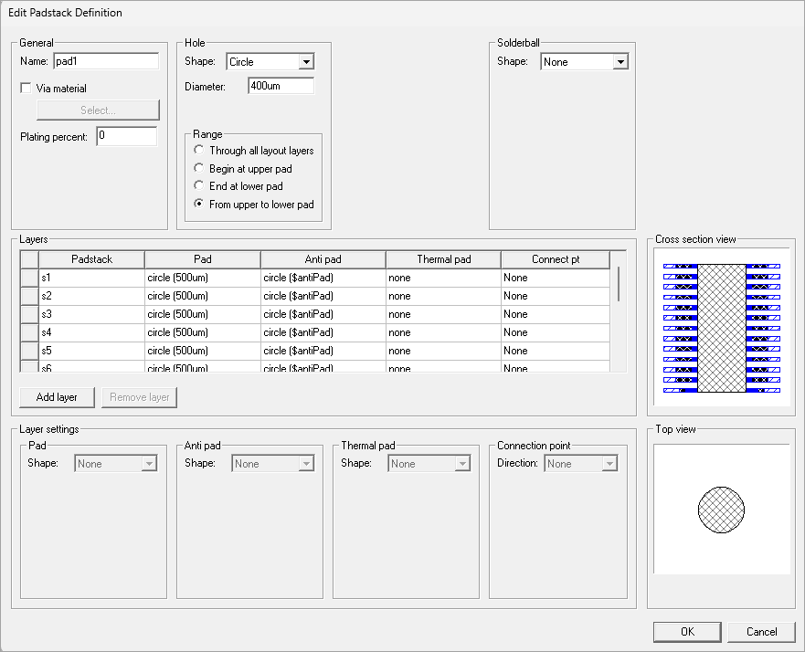 Edit Padstack Definition Window