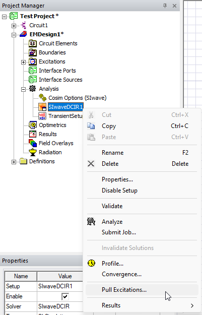 Project Manager Window > Project Tree > Active Design Folder > Analysis > SIwaveDCIR 1 > Pull Excitations