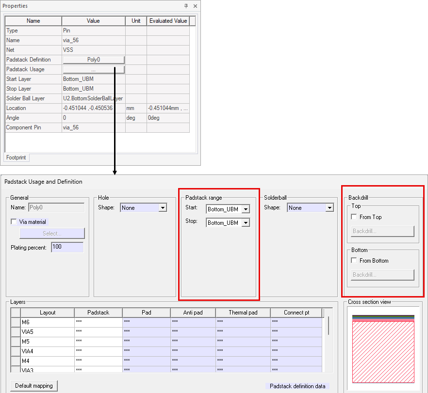 Padstack Usage and Definition window, which includes additional parameters