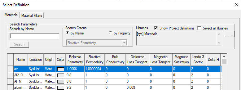 Select Definition window. Search by name box selected.