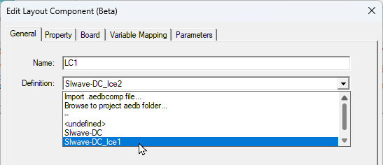 General tab of the Edit Layout Component dialog box