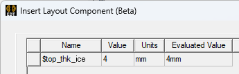 Values listed in the Parameters tab of the Insert Layout Component dialog