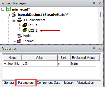 editing parameter values in the docked Properties window