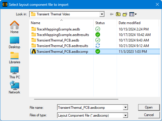 Select layout component file to import dialog box