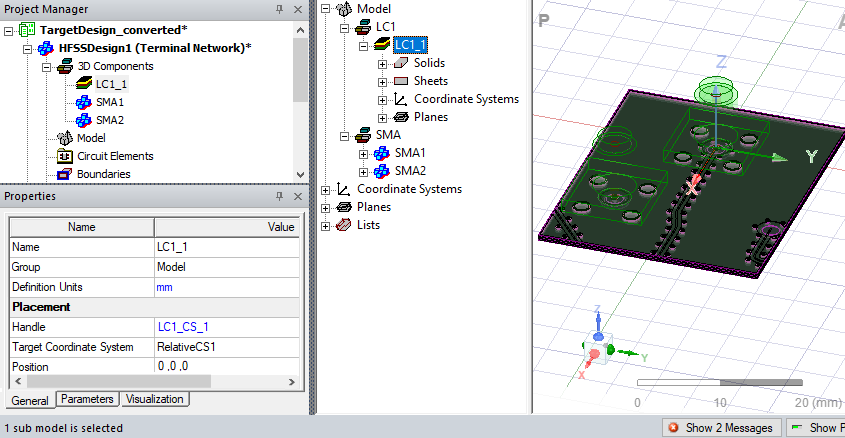 Project Manager panel. History Tree. Model viewer, selected component is highlighted.