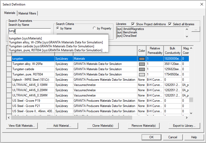 Select Definition window, materials tab open. Search by name paramenter filled. 