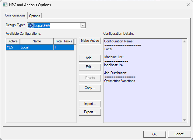 HPC and Analysis Options Window