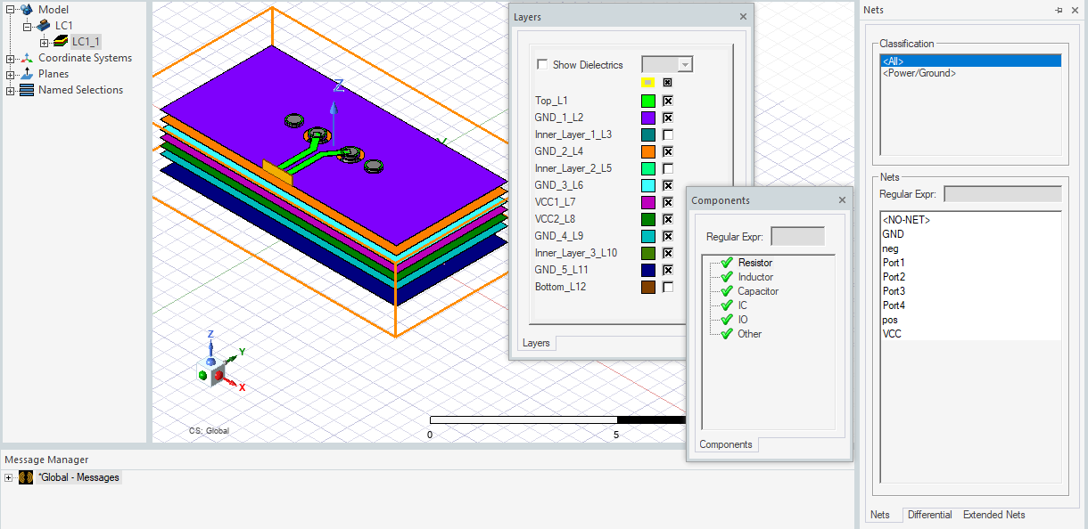 Layout Component is selected in the Project Manager tree, and its corresponding Components, Nets and Layers are displayed beside it