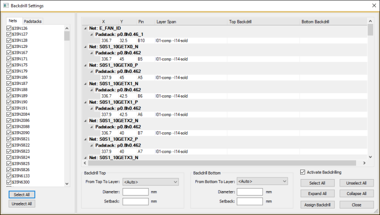 Backdrill Settings