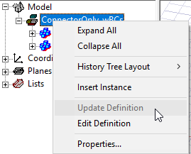 3D Component's shortcut menu. Update definition option highlighted.