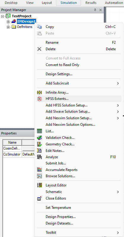 Project Manager Window > Project Tree > Active Design > HFSS Extents Project Manager Window > Project Tree > Active Design > HFSS Extents