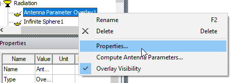 Anetnna Parameter Overlay shortcut menu, Properties option highlighted.