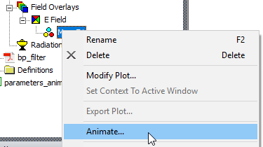 E Field overlay shortcut menu, Animate option highlighted.