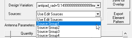 Sources drop-down menu expanded, Source Group1 option highlighted.