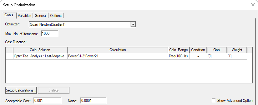 Optimization setup for the T junction waveguide model