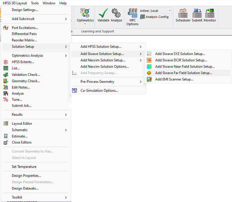 HFSS 3D Layout > Solution Setup > Add SIwave Solution Setup > Add SIwave Far Field Solution Setup
