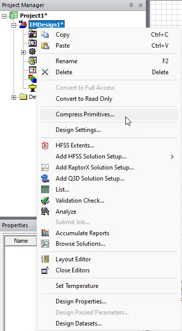 Project Manager > Project Tree > Design > Compress Primitives