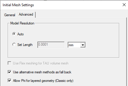 Initial Mesh Settings dialog. Advanced tab.