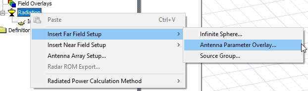 Radiation shortcut menu, Insert Far Field Setup menu, Antenna Parameter Overlay option highlighted.