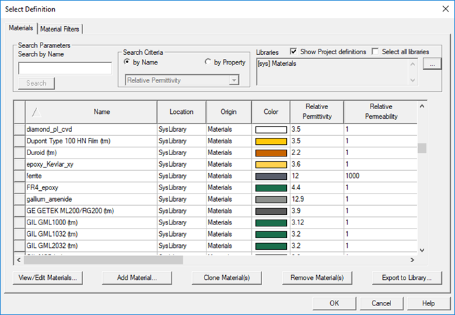 Select Definition Window. Materials Tab open, material color code visible. 